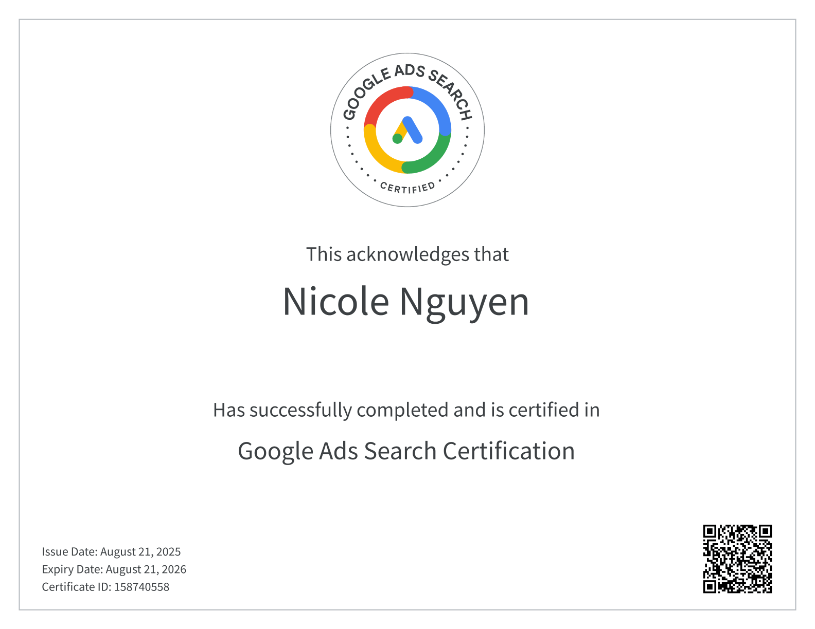 Google Ads Zertifikat Nicole Nguyen